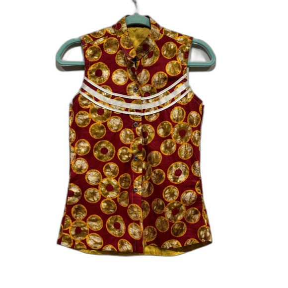 Blouse Sleeveless Handmade Button Front Top Red Gold African Print Women Small - Picture 1 of 4